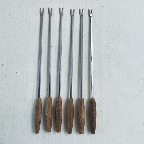 Rostfrei Fondue Forks Germany Stainless Steel 2 Prong Wood Handles Mid Century - Picture 3 of 5